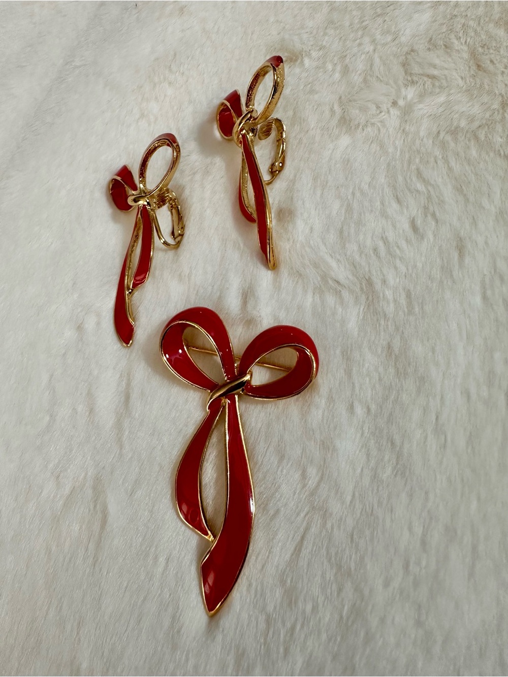 Vintage KJL for Avon Red Enamel Bow Brooch and Earrings Set